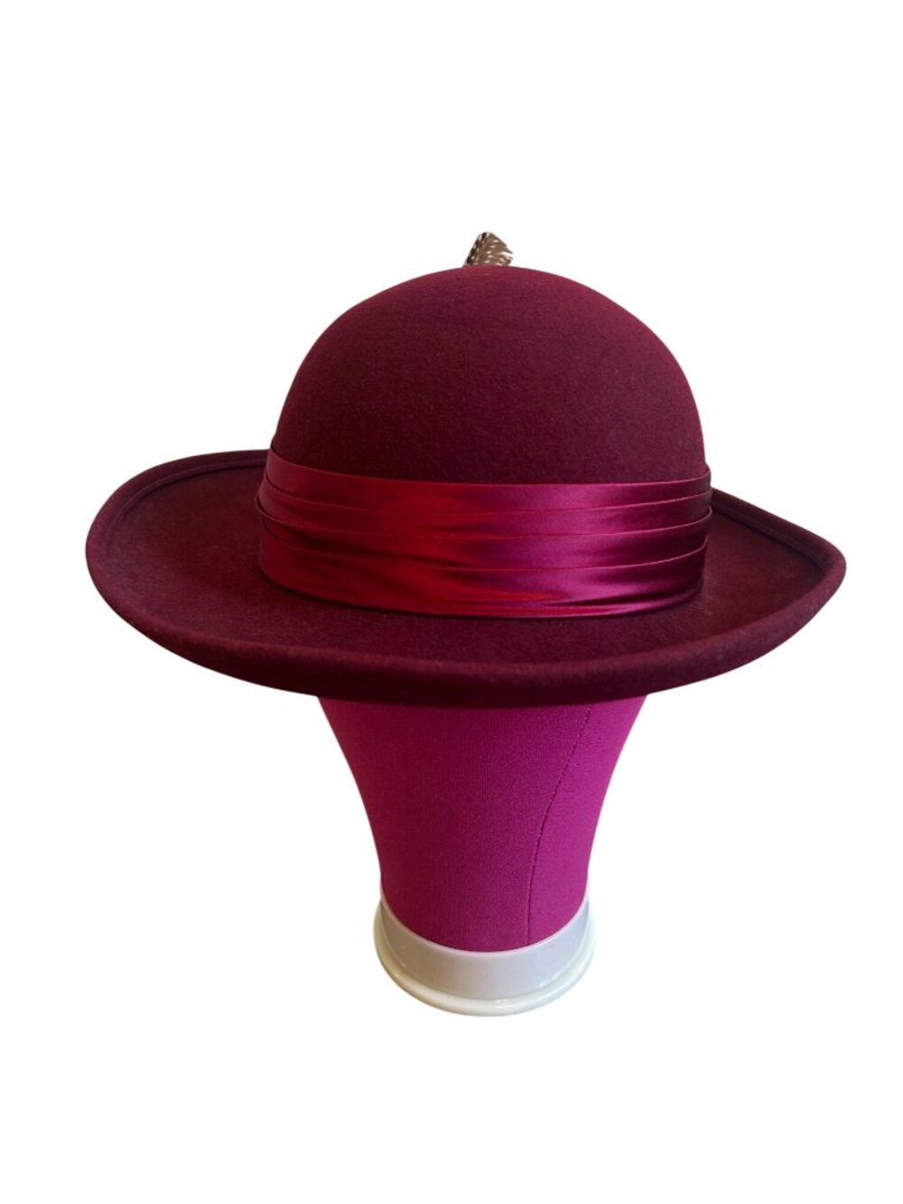 Vintage Geo W Bollman Burgundy Wool Hat With Satin Ribbon & Feather Accent - Picture 7 of 16